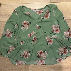 Loft Green Empire Waist Ruffle Floral Blouse Long Button Sleeves